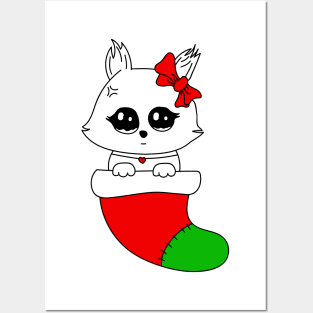 Cute cat in red christmas hat Posters and Art